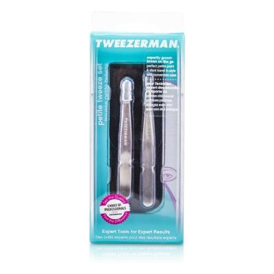 Tweezerman Petite Tweeze Set: Slant Tweezer + Point Tweezer - (With Black Leather Case) 2pcs