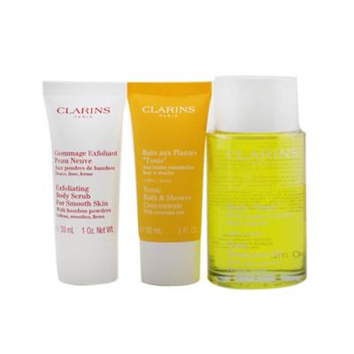 Clarins Tonic Collection: Tonic Body Treatment Oil 100ml+ Exfoliating Body Scrub 30ml+ Tonic Bath & Shower Concentrate 30ml+ Bag 3pcs+1bag