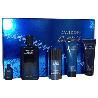 Davidoff Cool Water Man 5pc Set - Eau De Toilette & Deo Stick 75g & Aftershave Balm 75ml & Shower Gel 75ml & Travel Spray 15ml 125ml