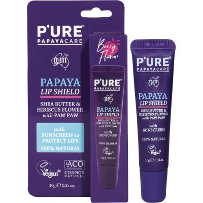 Papaya Lip Shield Sunscreen Shea Butter Hibiscus Flower 12x10g